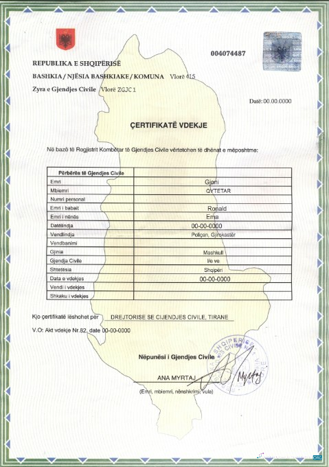 Download Albania death certificate template in PSD format Photoshop template